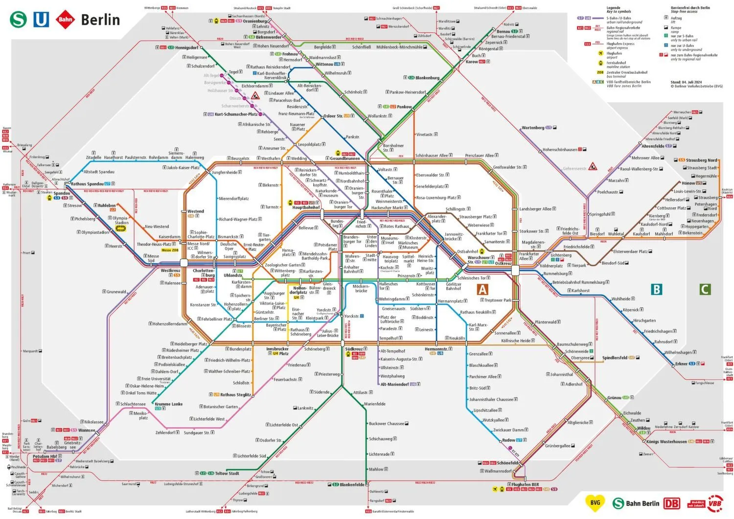 Erste Seite des vollständigen U-Bahn-Netzplans von Berlin. Der U-Bahn-Plan Berlin zeigt die Linien und Stationen sowie die Umsteigepunkte zwischen den Linien.