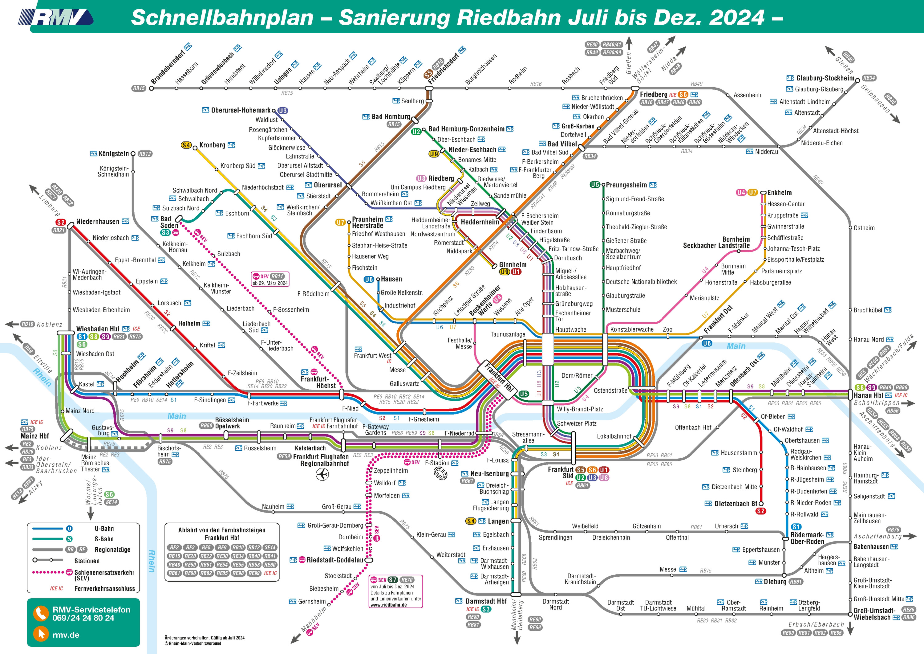 Erste Seite des vollständigen Netzplans für die U-Bahn in Frankfurt. Der U-Bahn-Plan Frankfurt zeigt Linien, Stationen und Umsteigepunkte zur Orientierung im Netz.