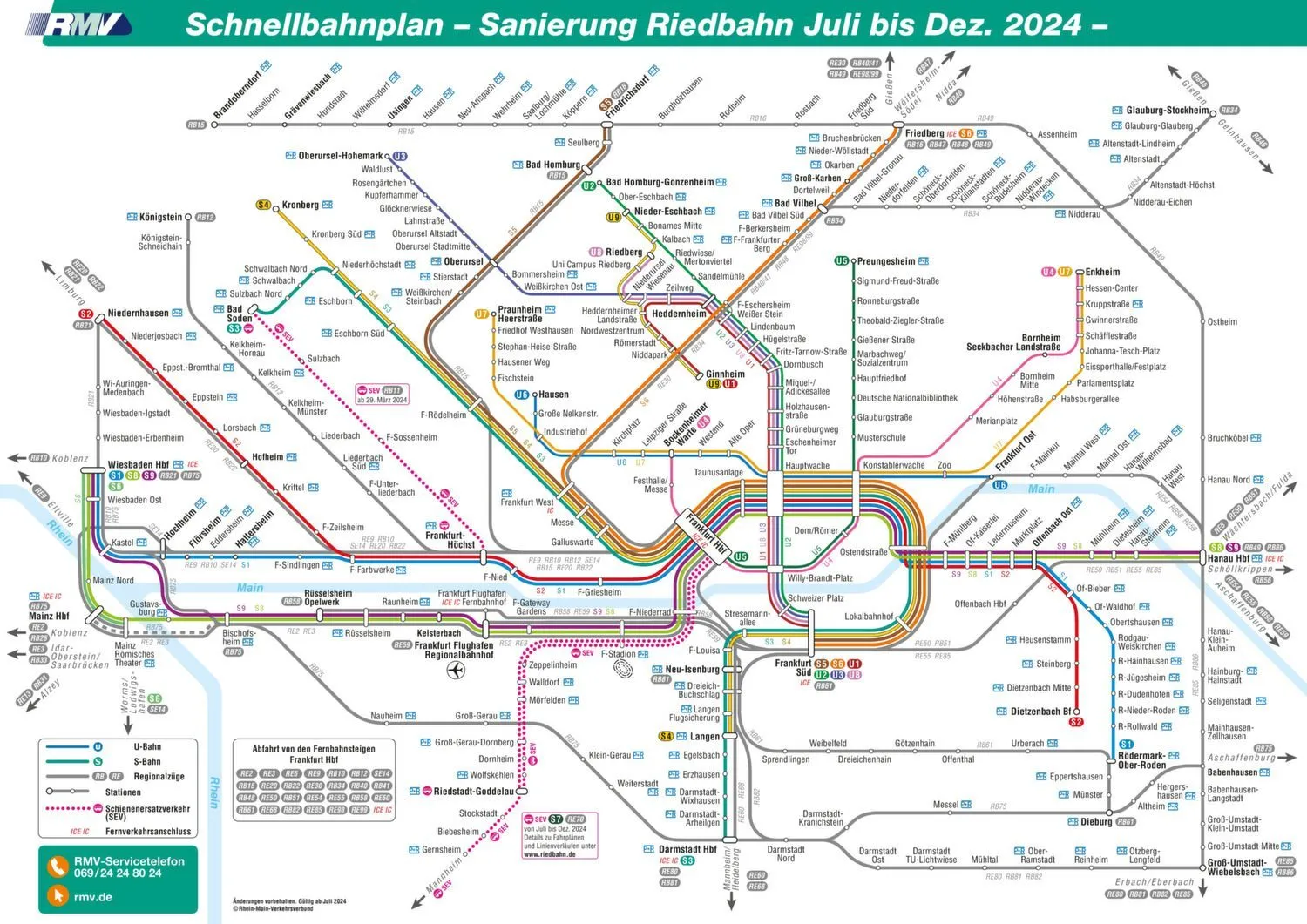 Erste Seite des vollständigen Netzplans für die U-Bahn in Frankfurt. Der U-Bahn-Plan Frankfurt zeigt Linien, Stationen und Umsteigepunkte zur Orientierung im Netz.