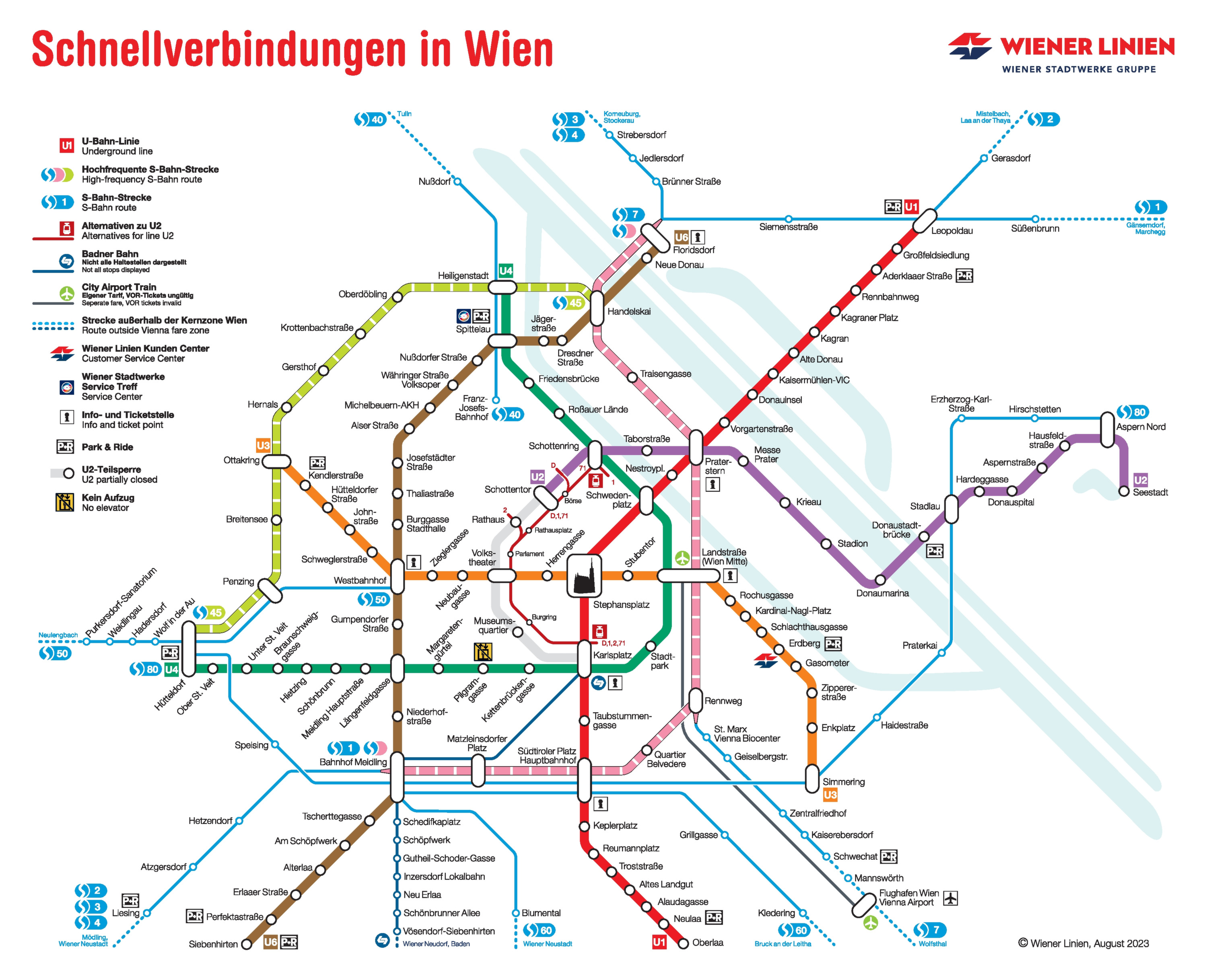 First page of the complete Vienna subway map. The metro network is presented with its lines, stations and transfer points for an overview of connections in Vienna.