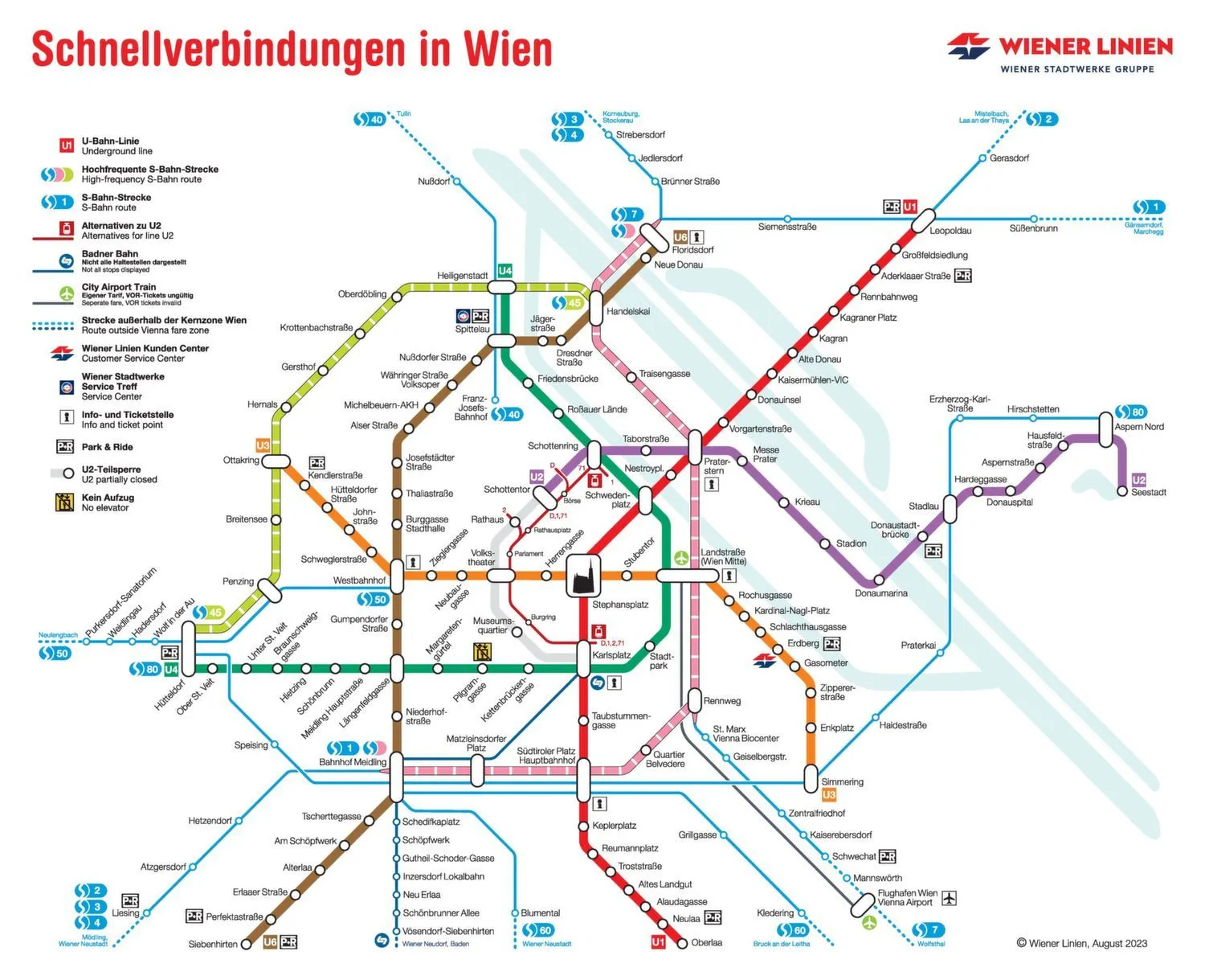 Erste Seite des vollständigen Netzplans für die U-Bahn in Wien. Der U-Bahn-Plan Wien zeigt Linien und Stationen sowie die Umsteigepunkte im Netz.