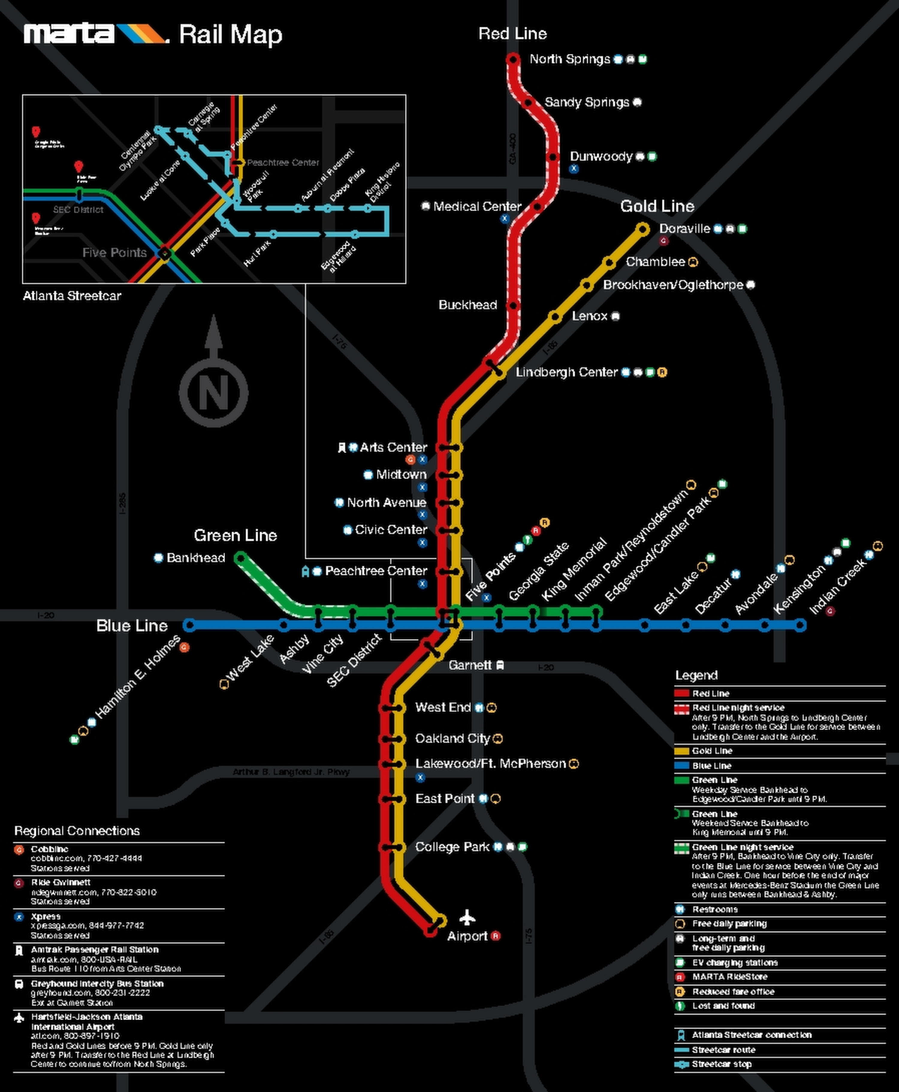 Atlanta Metro Map 2026 showing the complete MARTA rail network. All metro lines and stations are displayed, including transfer points between lines.