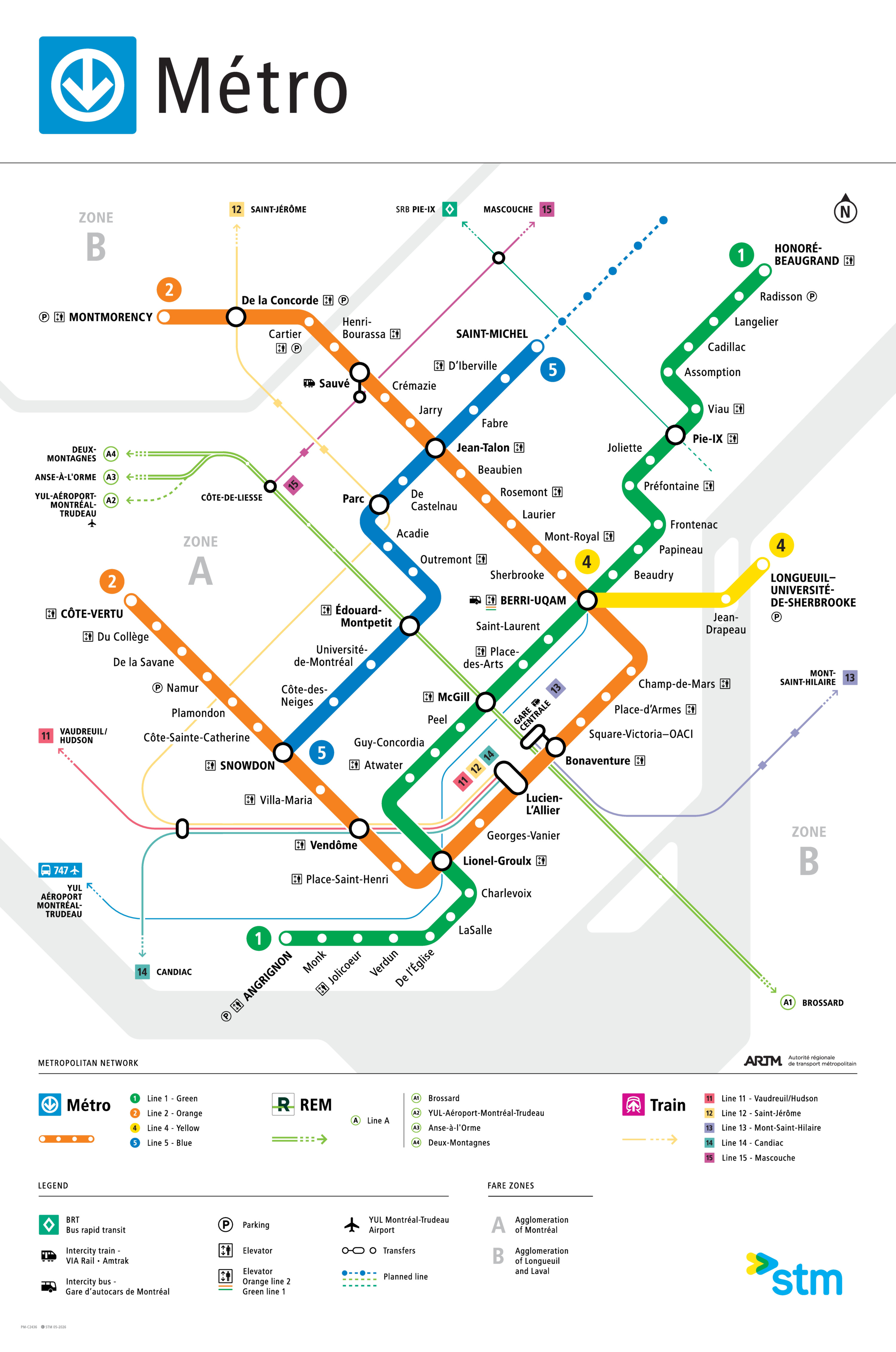 Montreal Metro Map 2026 als vollständiger Netzplan der Metro in Montreal. Die Karte zeigt alle Linien und Stationen sowie die Umsteigepunkte zwischen den Metro-Linien.
