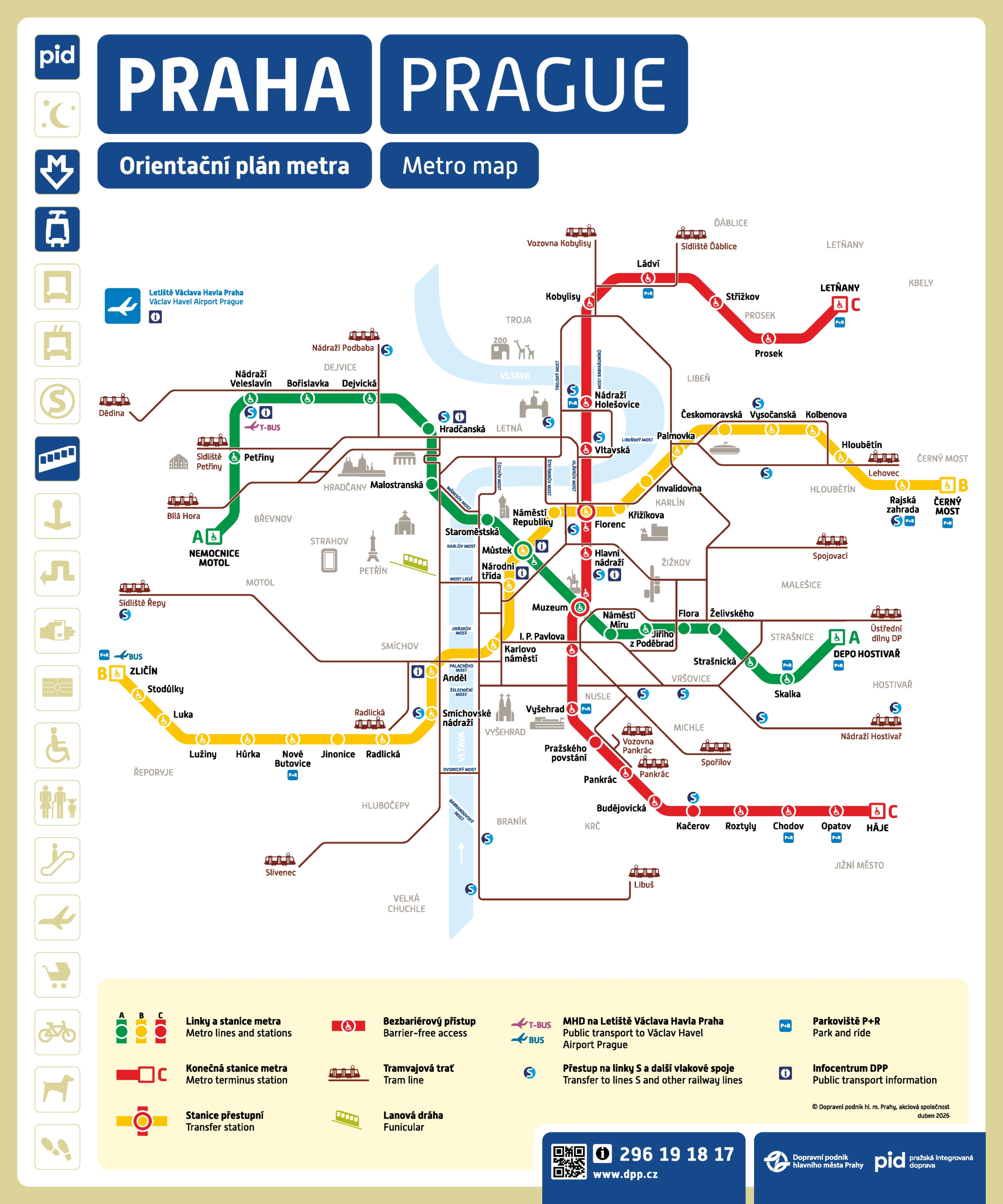 Prague metro map 2026 showing the complete metro network. The map displays all lines and stations, including interchange points between metro lines.