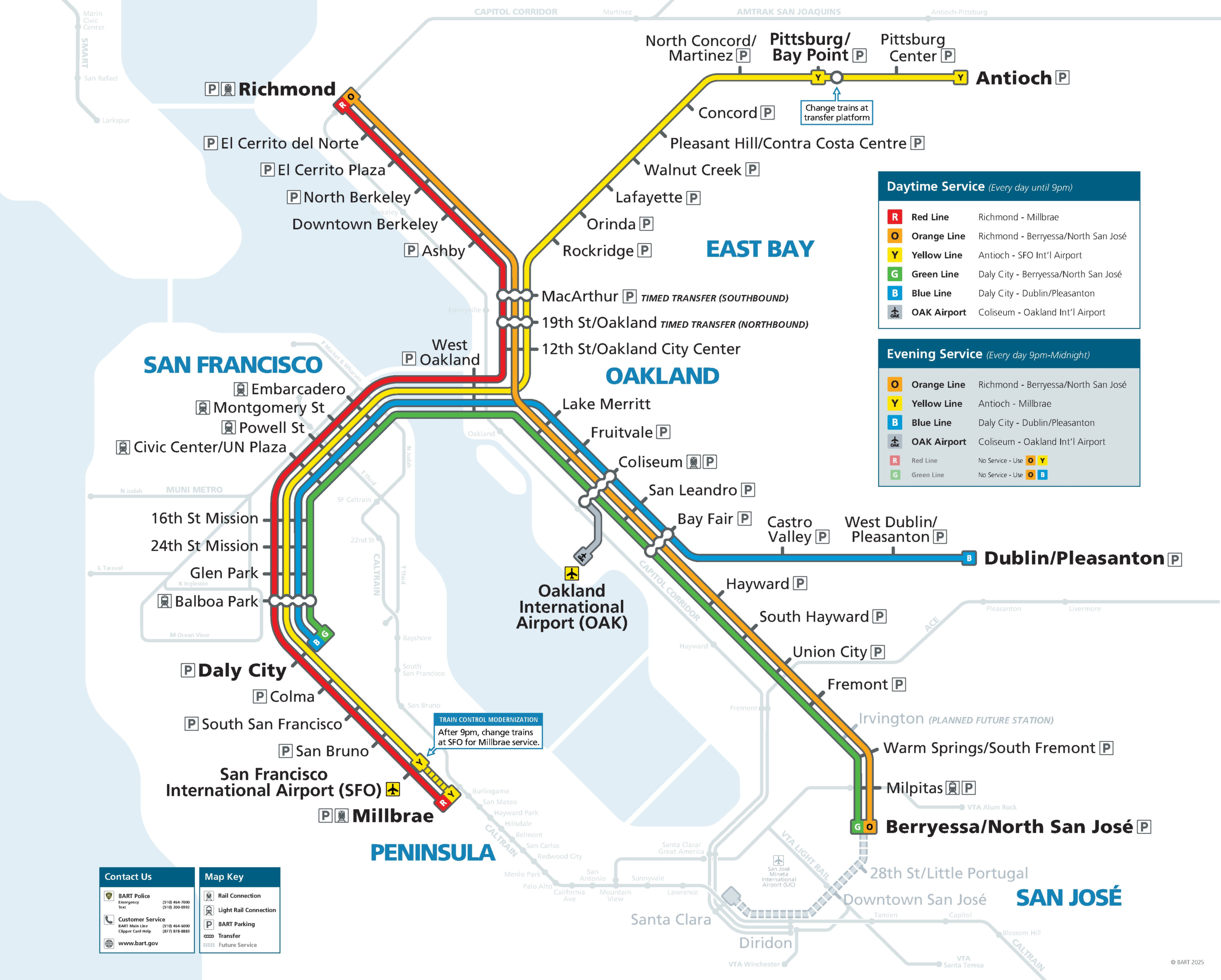 San Francisco BART Map 2026 showing the complete BART network. The map includes all lines and stations, with transfer points showing connections between routes.