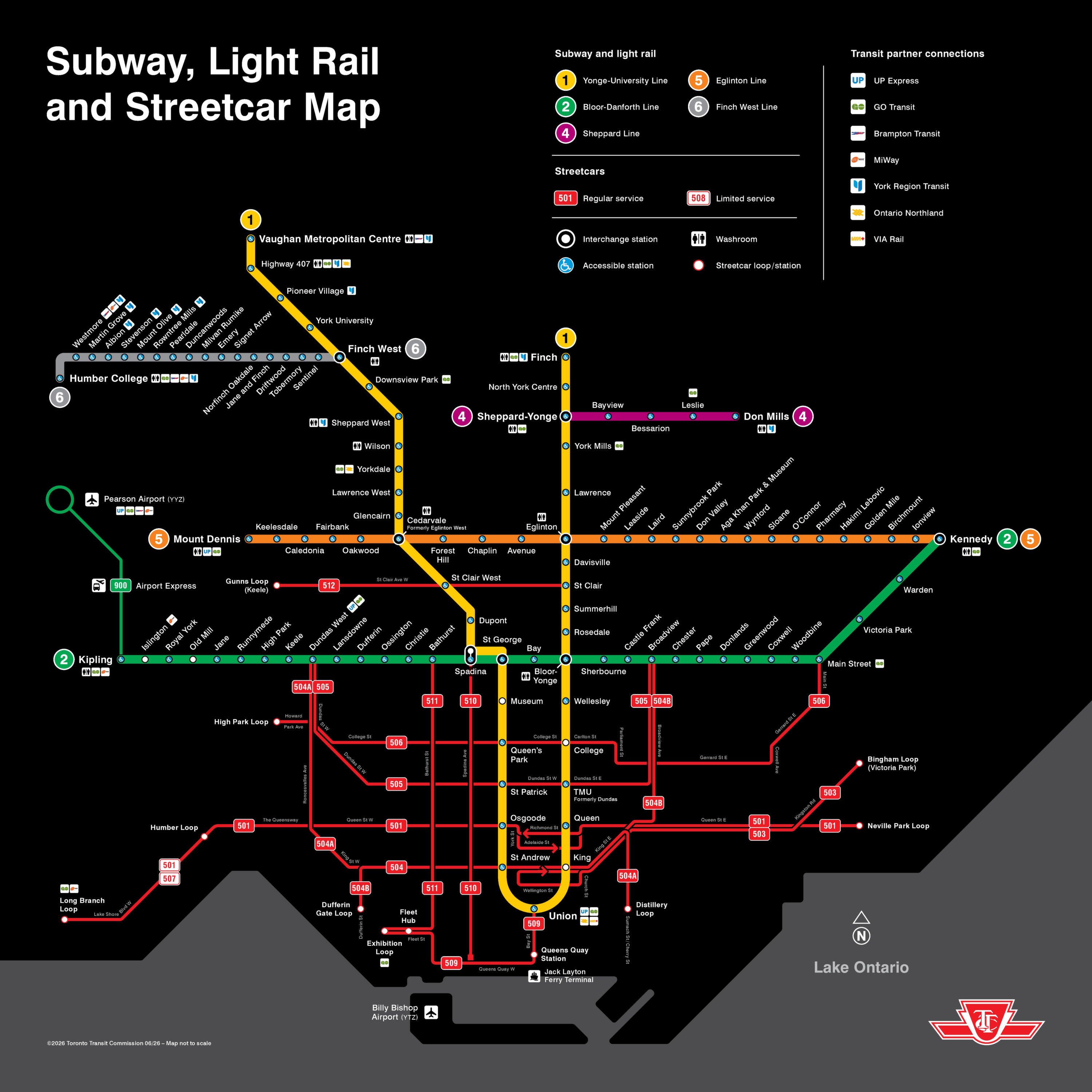 Toronto Subway Map 2026 als vollständiger Netzplan der Subway von TTC. Der Plan zeigt alle Linien, Stationen und Umsteigepunkte innerhalb des U-Bahn-Netzes.