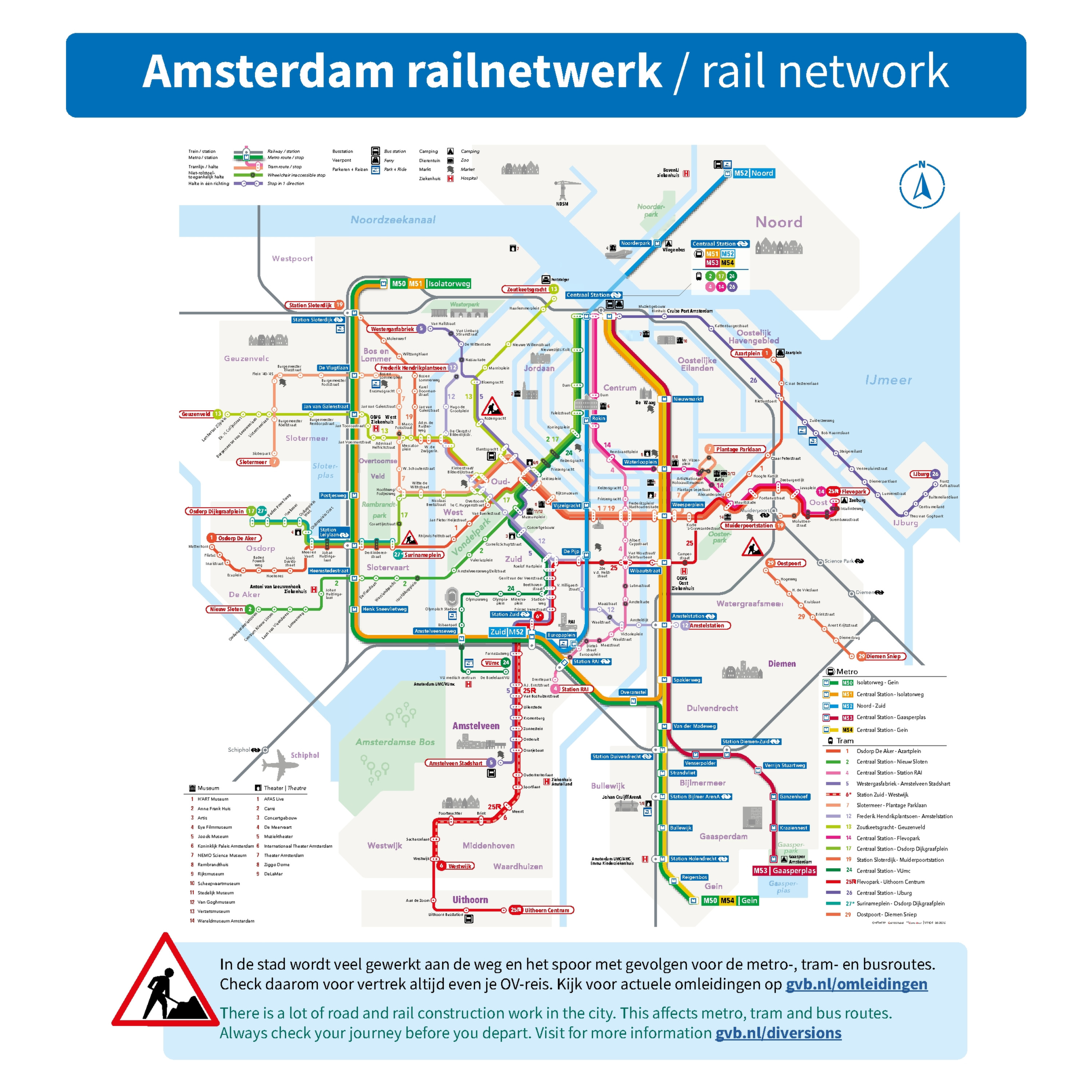 Der Amsterdam Metro Plan zeigt den offiziellen GVB-Netzplan mit Metro- und Straßenbahnstrecken, Stand 31. August 2026.