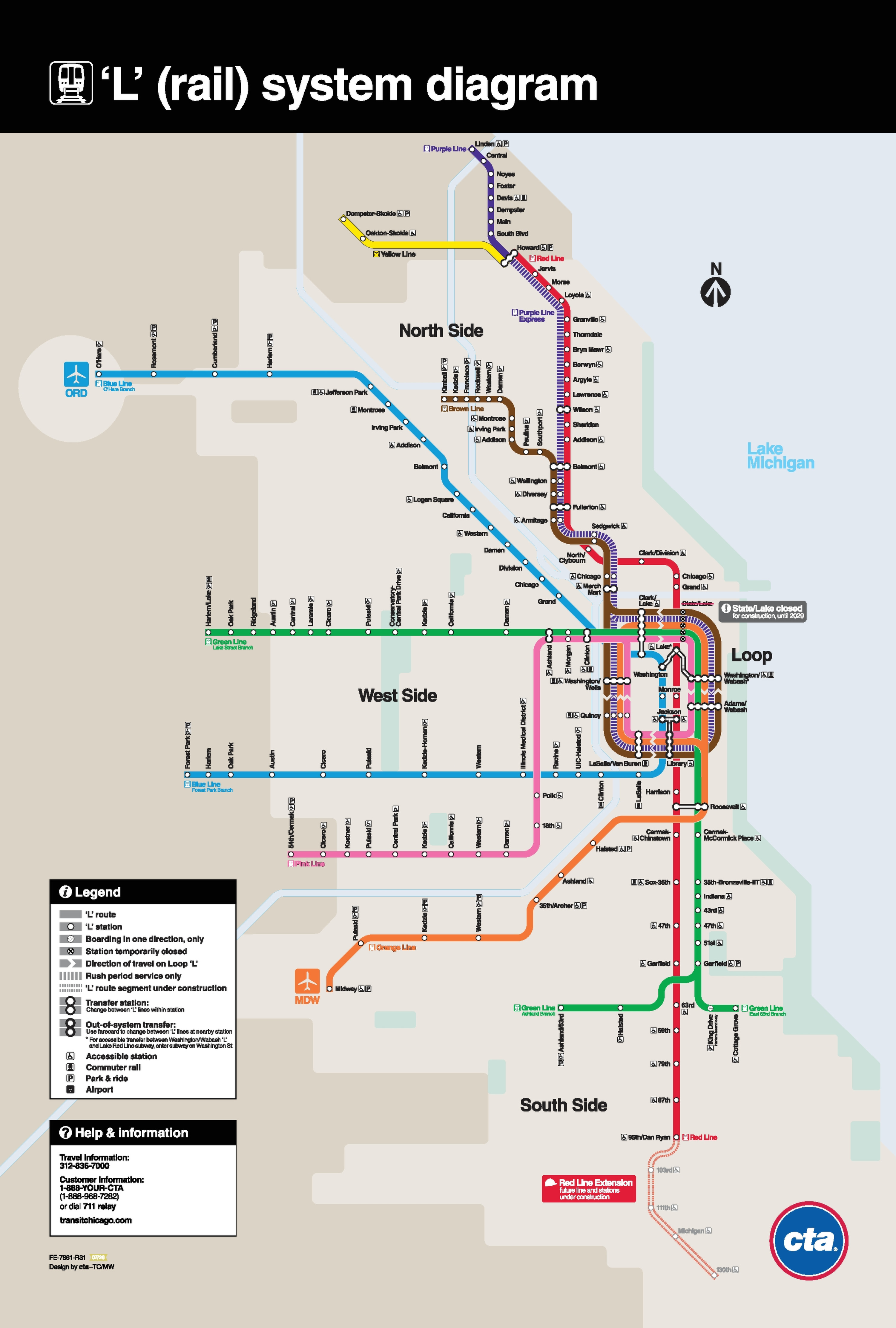 The Chicago Subway Map shows the CTA L rail network with its colored lines and stations in edition R31 from July 2026.