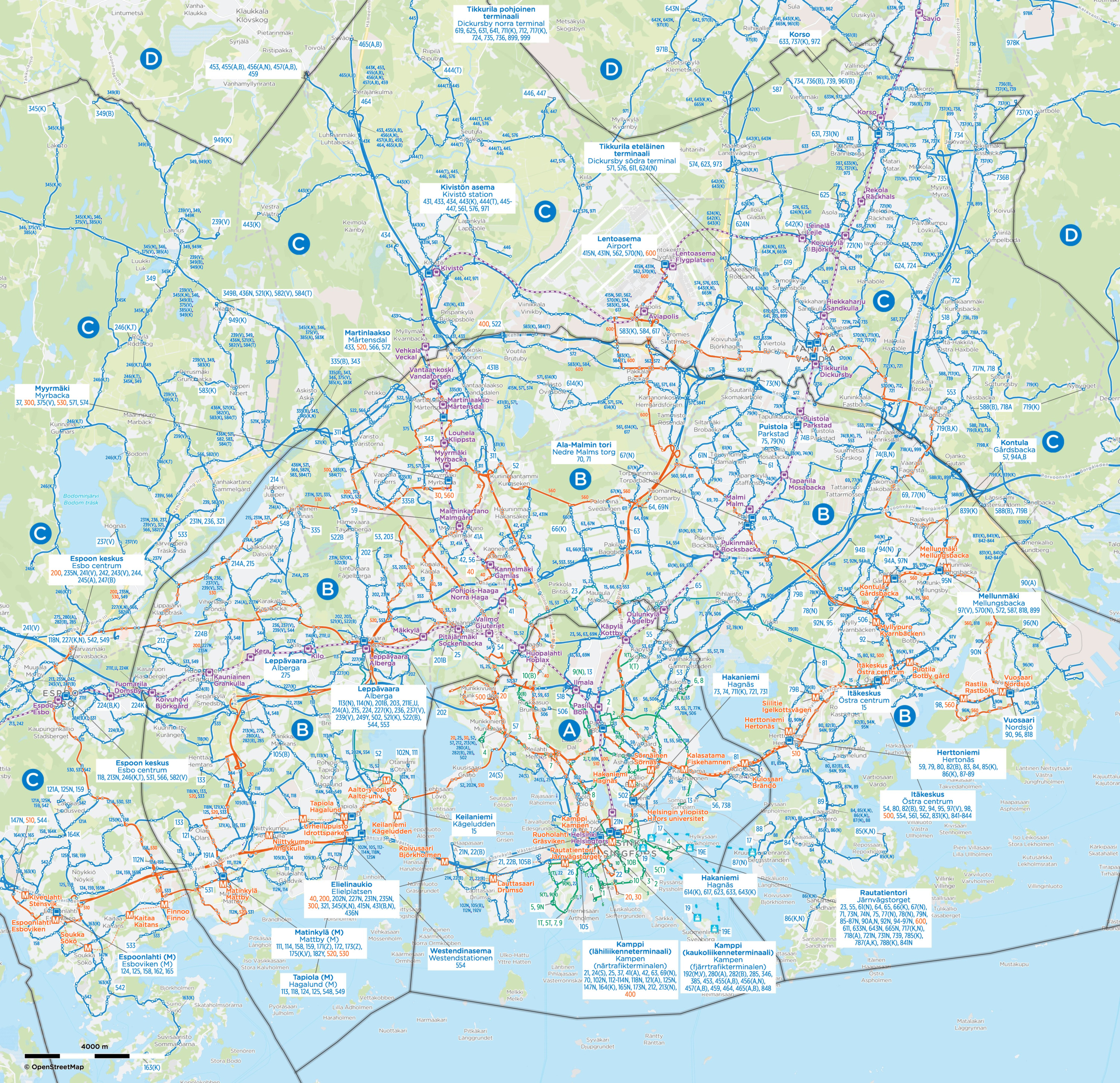 Helsinki Metro Map 2026 auf der HSL-Regionalkarte der Hauptstadtregion. Die orange Metrostrecke und die Stationen Kivenlahti, Tapiola, Mellunmäki und Vuosaari sind eingezeichnet - HSL, gültig ab 10.08.2026.