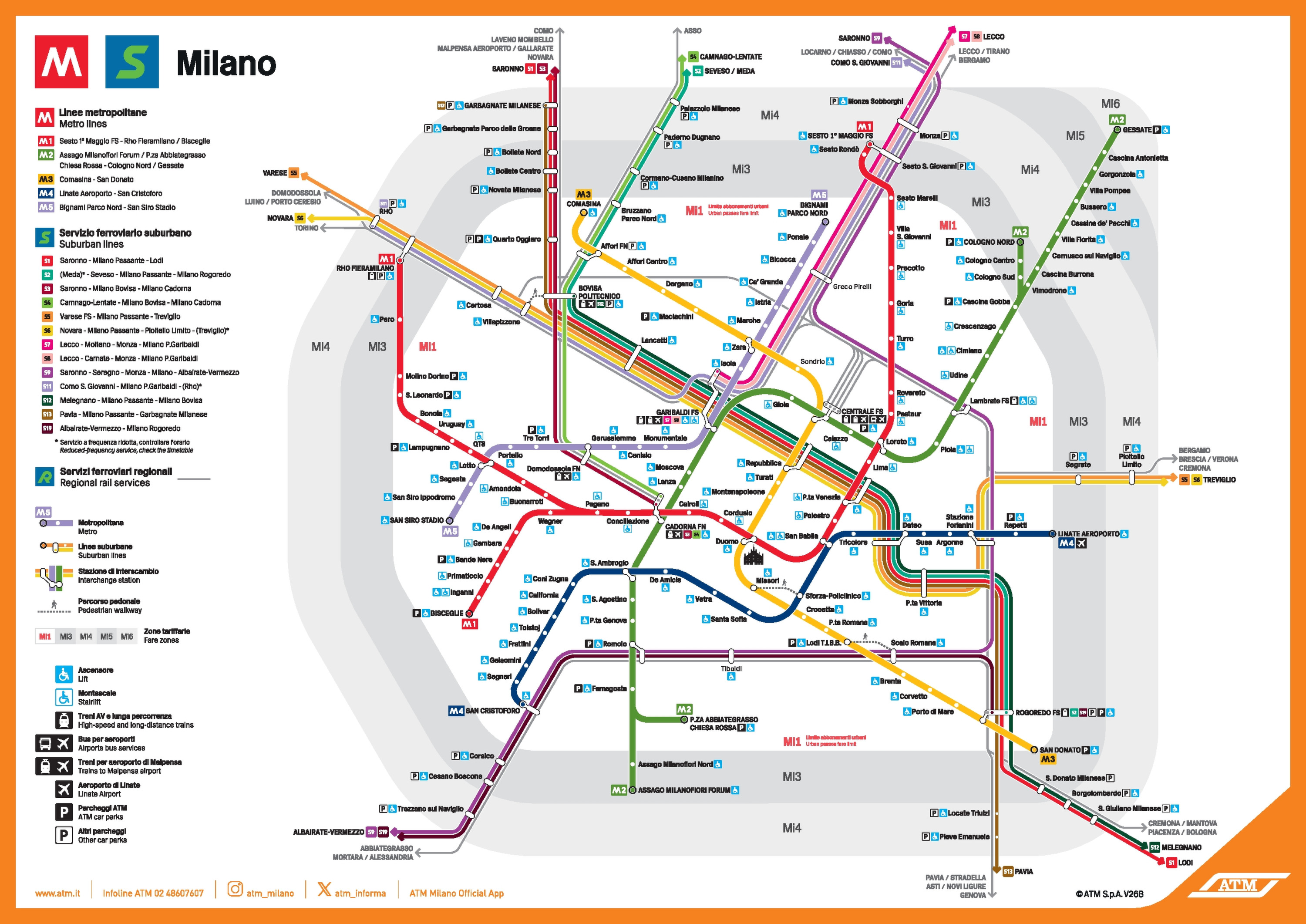 Milan Metro Map 2026 by ATM with lines M1, M2, M3, M4 and M5. The M4 connects San Cristoforo and Linate Aeroporto. Map edition V26B.