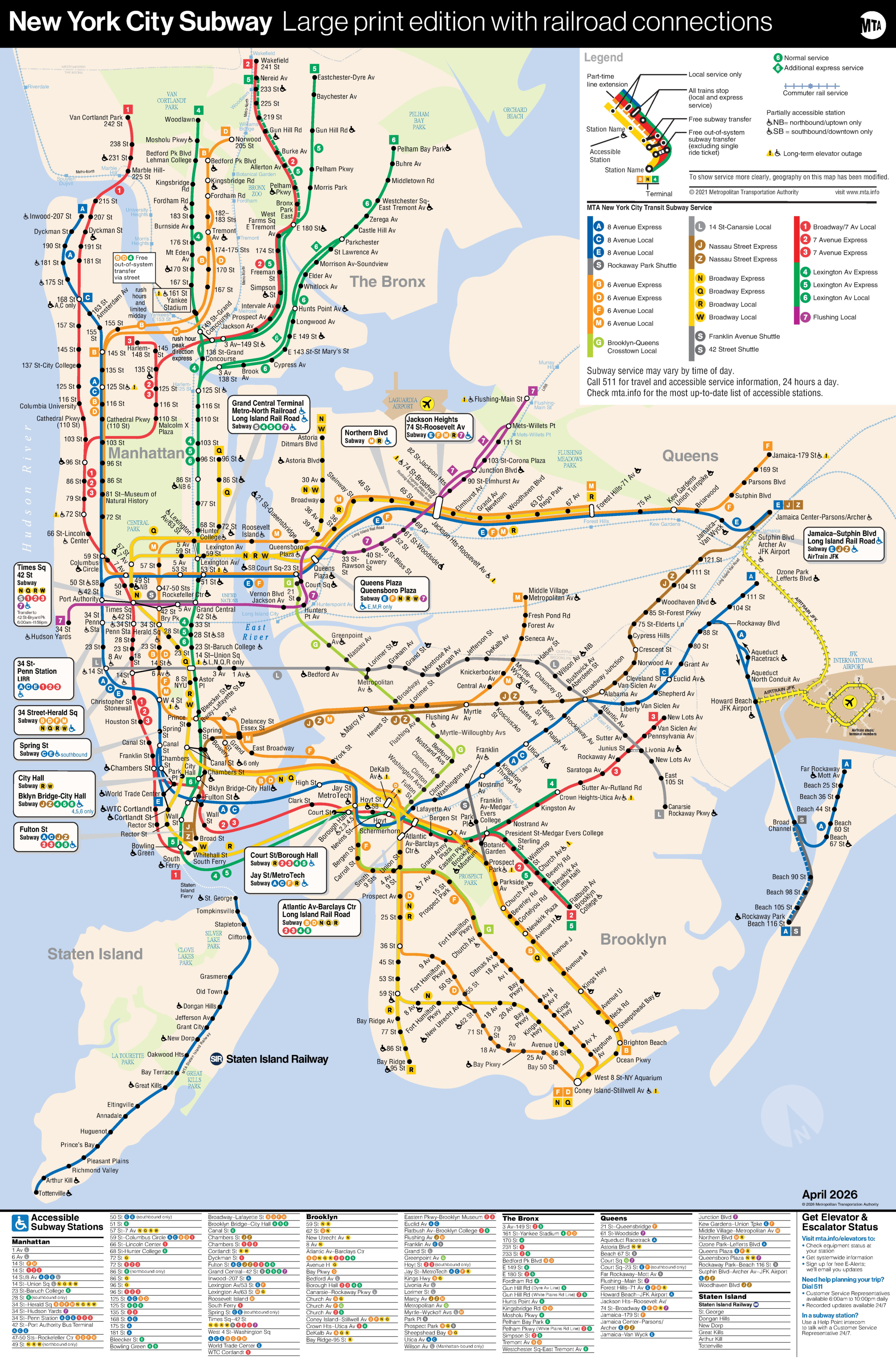 New York Subway Map in the MTA large print edition from April 2026. The map shows color-coded subway lines and shuttle services in New York.