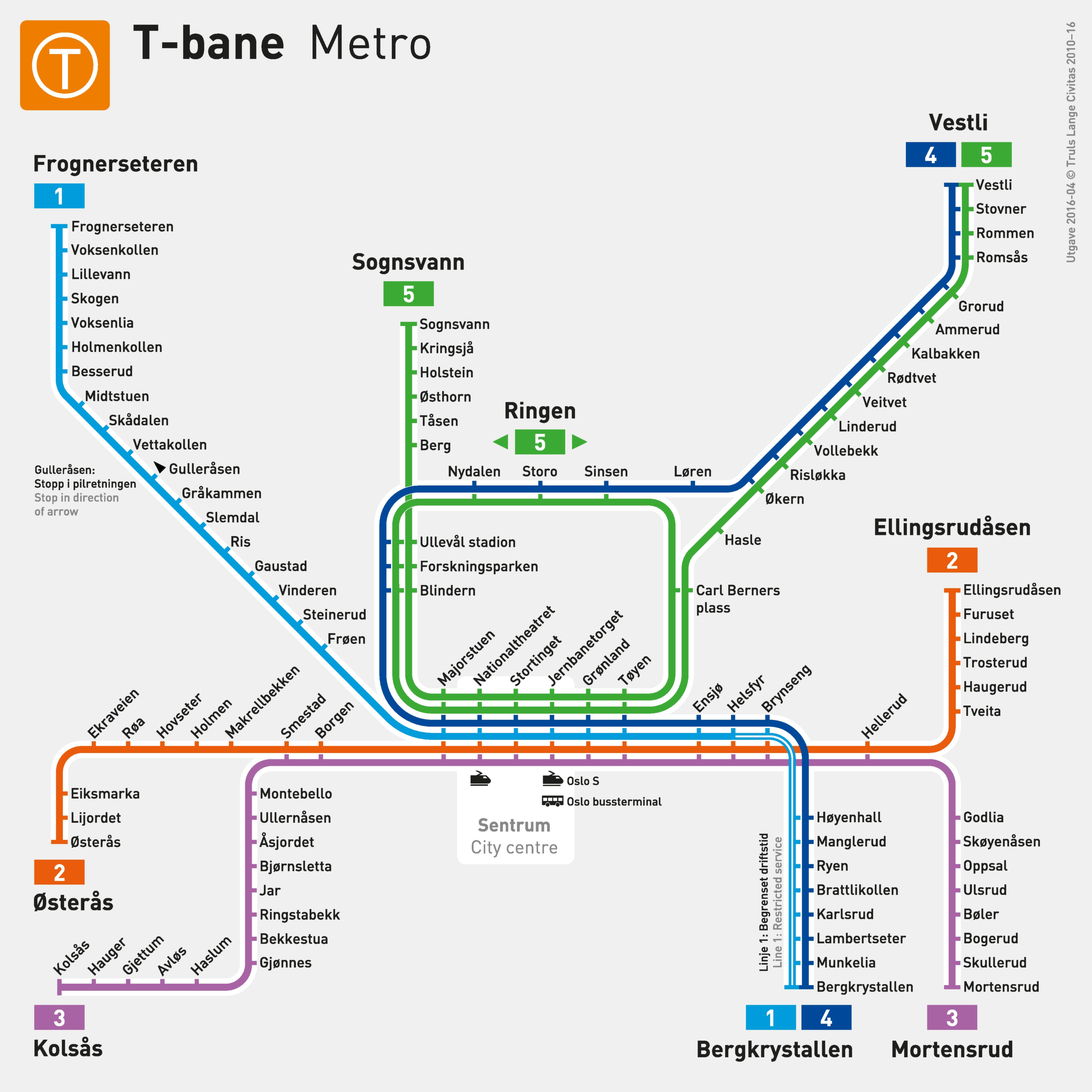 Der Oslo U-Bahn Plan von Ruter zeigt die fünf T-bane-Linien 1 bis 5 mit Kolsås als Endpunkt der Linie 3.