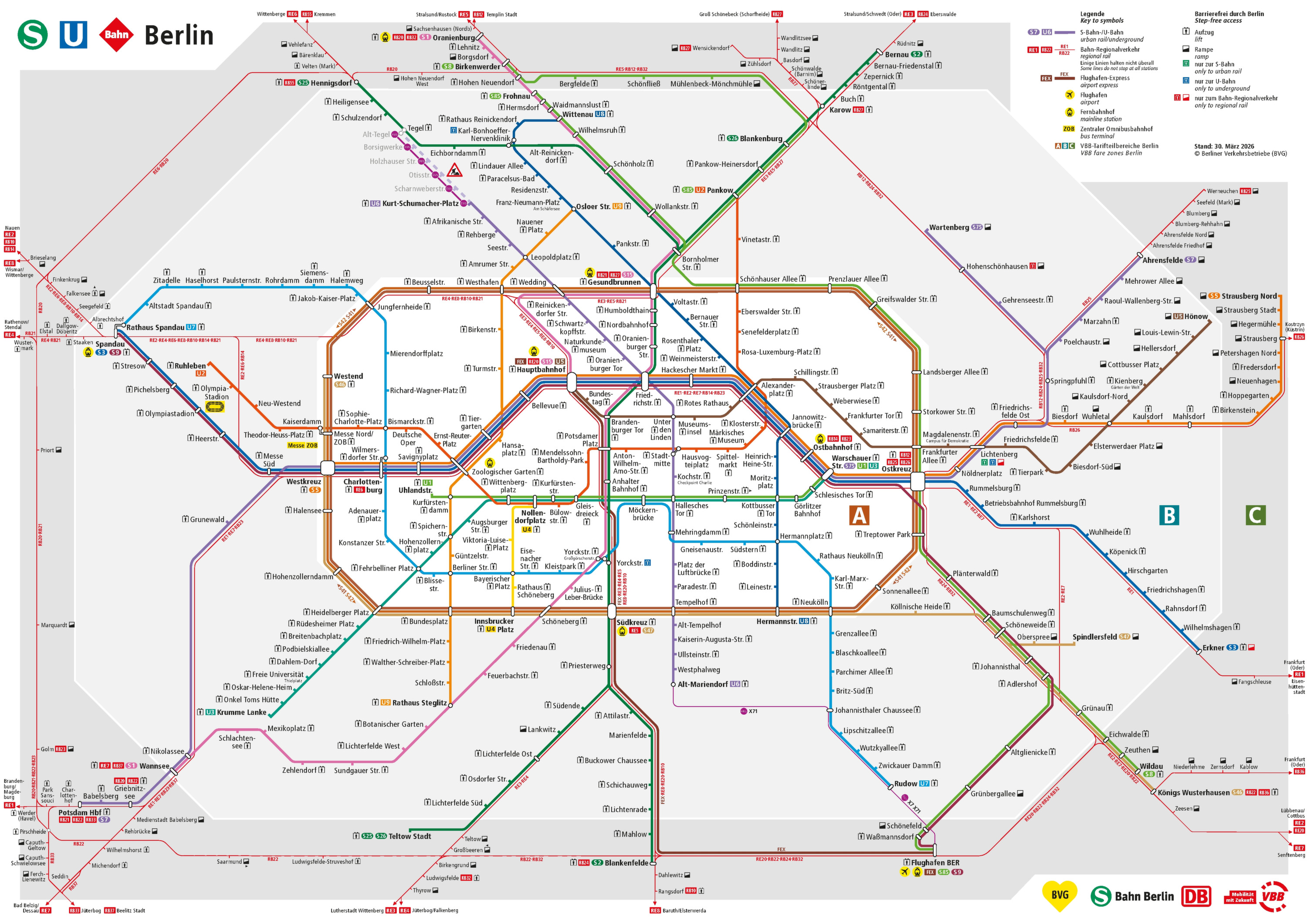 U-Bahn-Plan Berlin 2026 mit S-Bahn- und U-Bahn-Linien im Tarifbereich ABC. Der BVG-Netzplan trägt den Stand 30. März 2026.