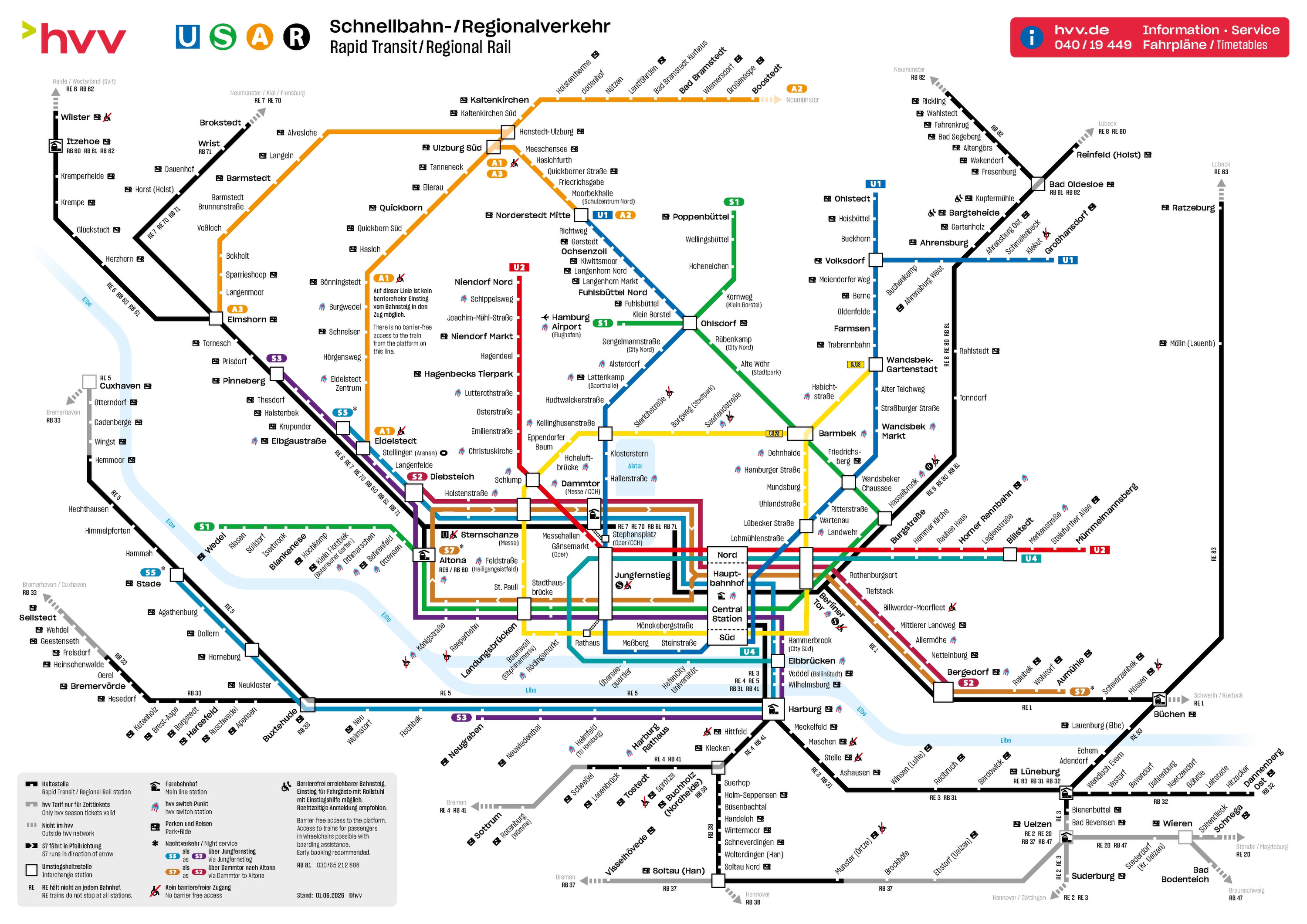 U-Bahn-Plan Hamburg 2026 des hvv. Der Plan zeigt Schnellbahn- und Regionalverkehrslinien. Stand 1. Juni 2026.