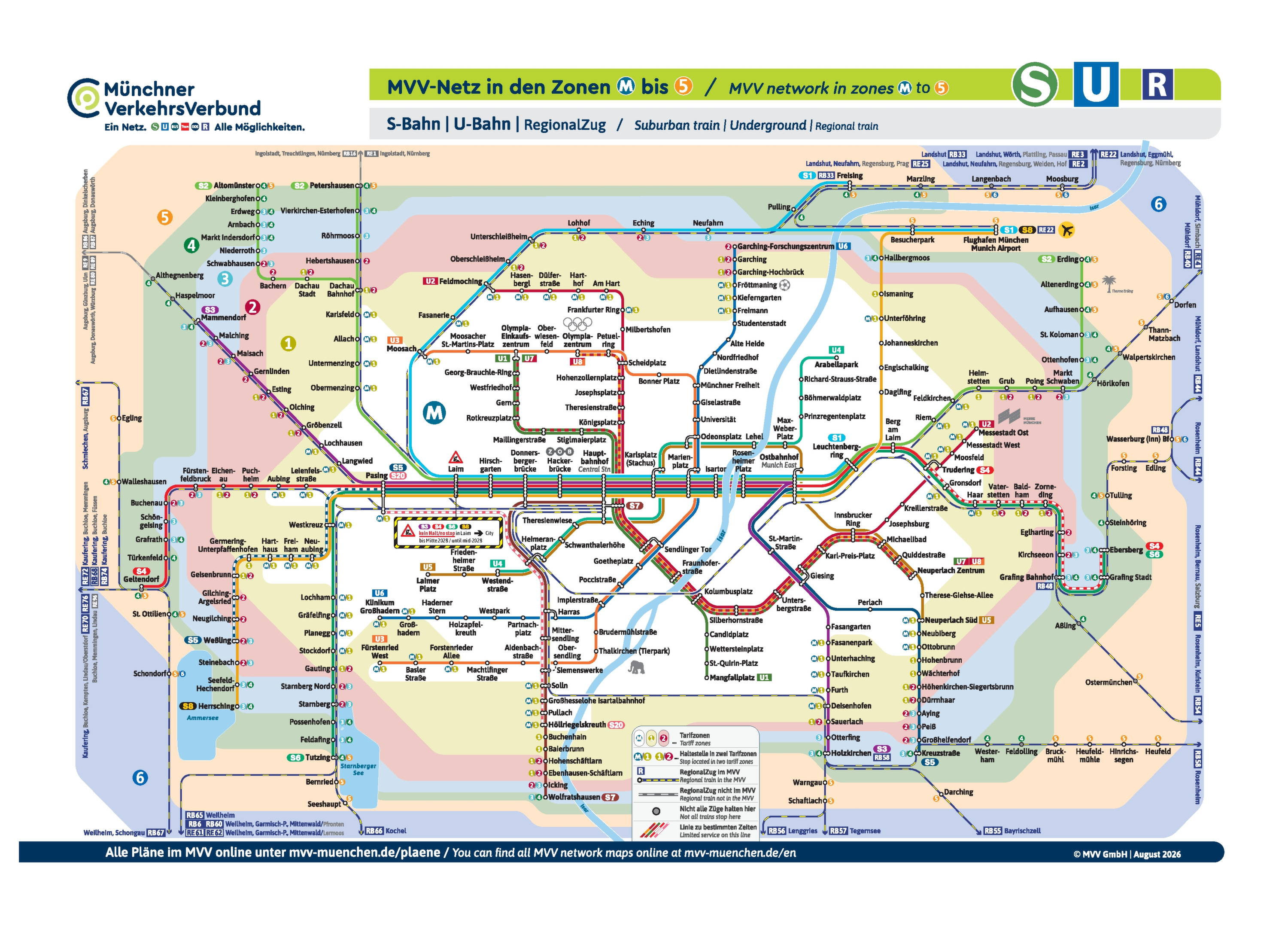 Munich metro map 2026: MVV network map for Zones M to 5 with S-Bahn, U-Bahn lines U1 to U8 and regional trains.