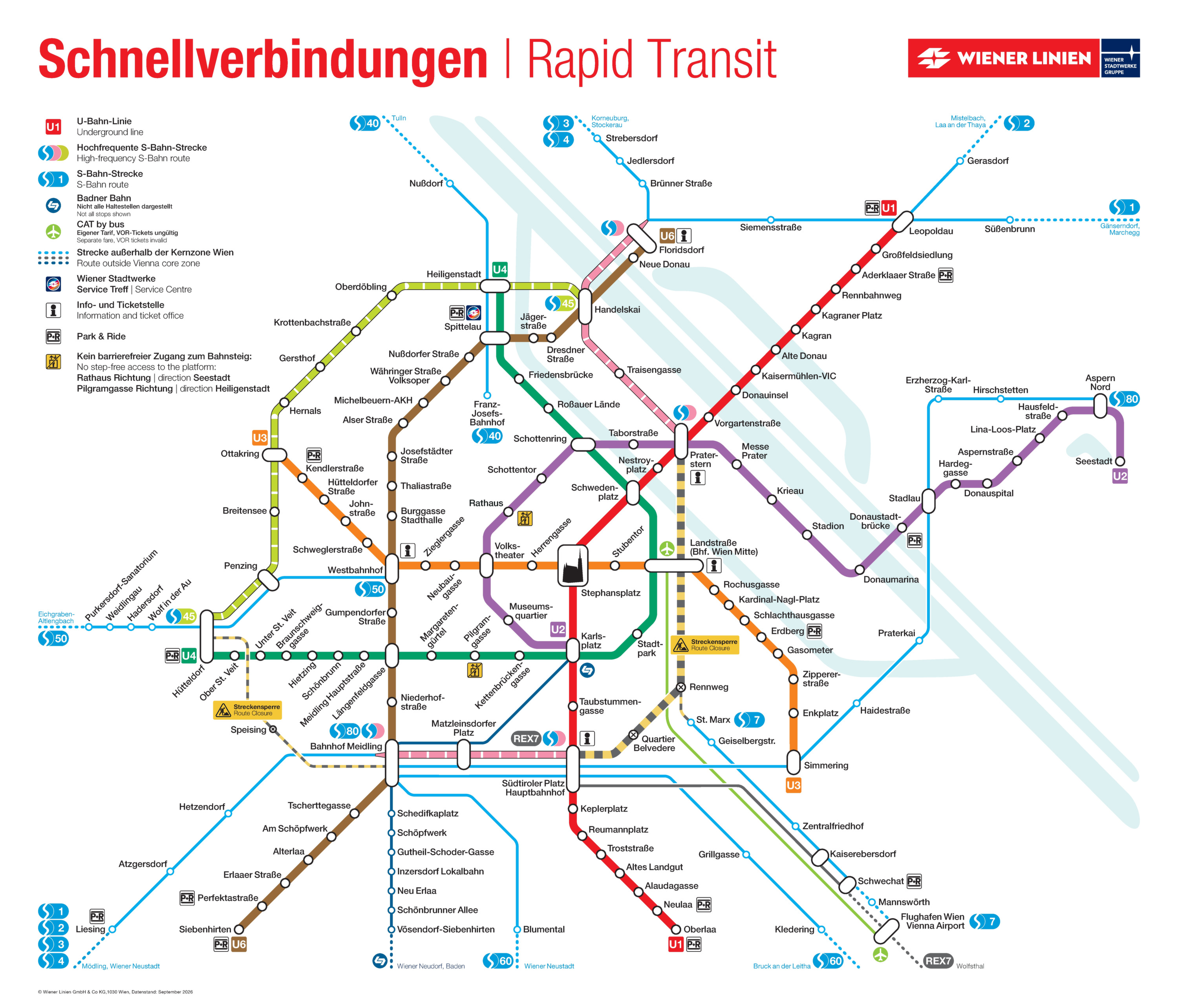 Vienna subway map 2026 by Wiener Linien - bilingual rapid transit map, September 2026 edition.