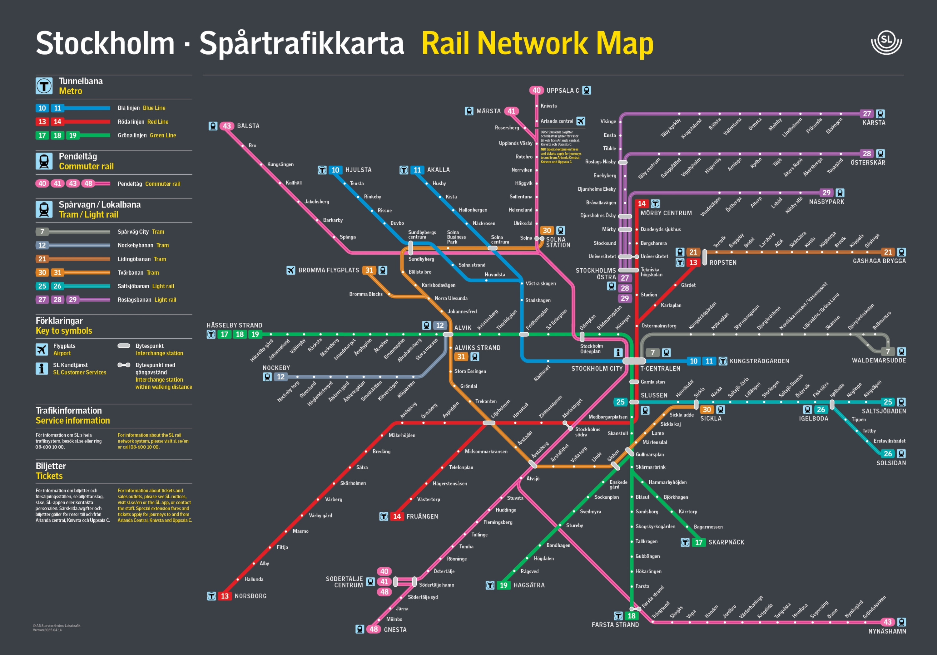 U-Bahn Stockholm Plan als SL-Netzkarte mit blauen, roten und grünen Metro-Linien sowie Pendeltåg und weiteren Schienenlinien. Spårtrafikkarta, Stand 14.04.2025.